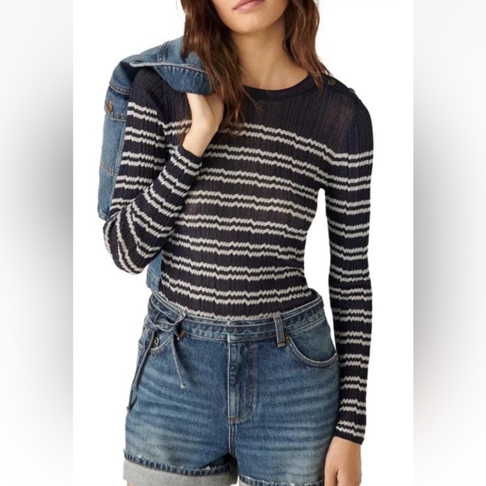 Ba&sh Zaig Crewneck Sweater Sz M Marine Blue Metallic Stripped - Picture 2 of 9